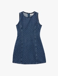 Pamuklu Taş Detaylı Bisiklet Yaka Kolsuz Mini Denim Elbise