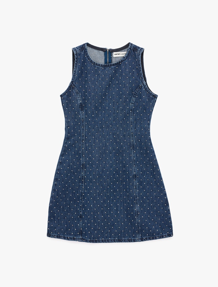  Pamuklu Taş Detaylı Bisiklet Yaka Kolsuz Mini Denim Elbise