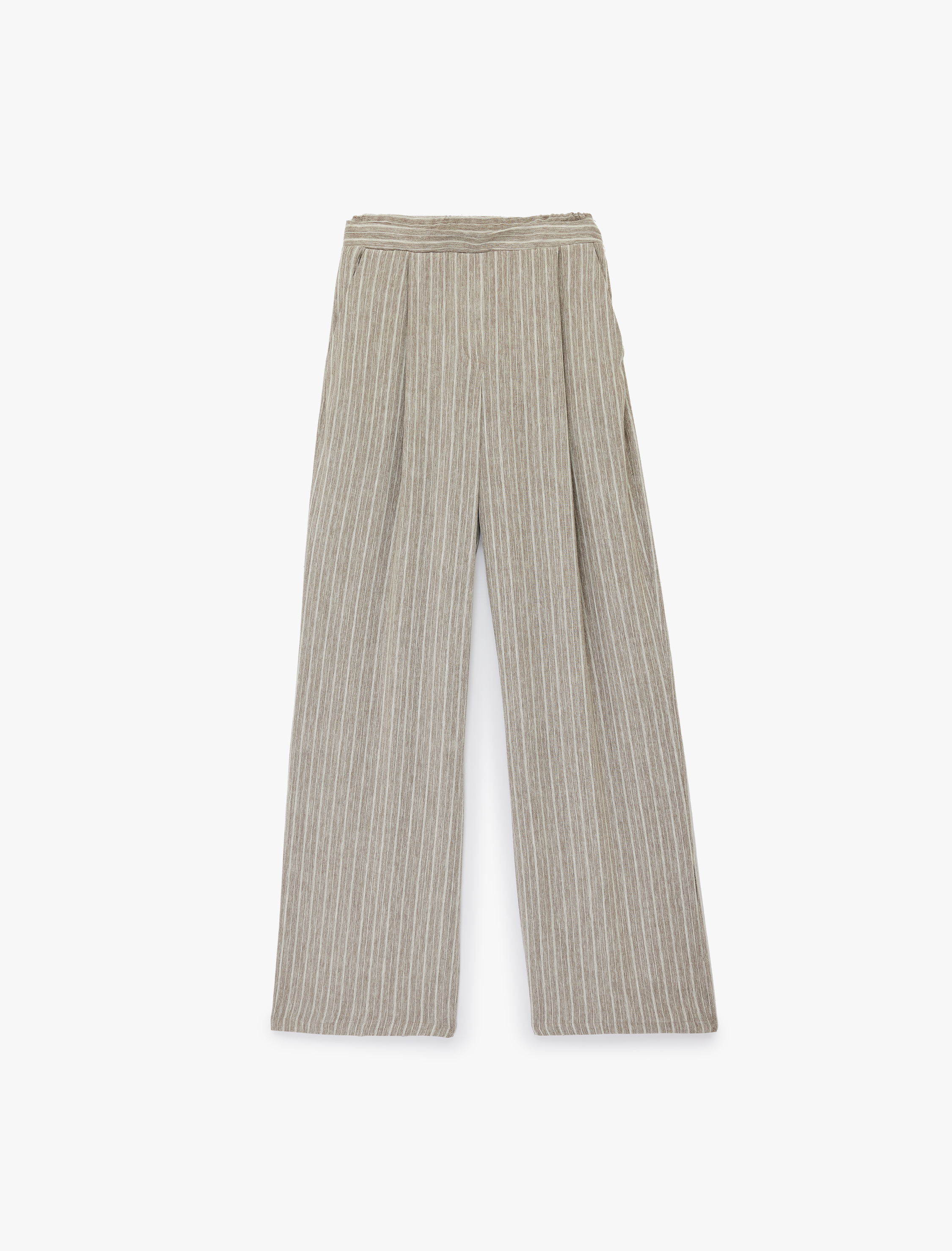   Viskon Karışımlı Cepli Pile Detaylı Düz Bol Paça Çizgili Kumaş Pantolon