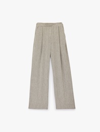 Viskon Karışımlı Cepli Pile Detaylı Düz Bol Paça Çizgili Kumaş Pantolon