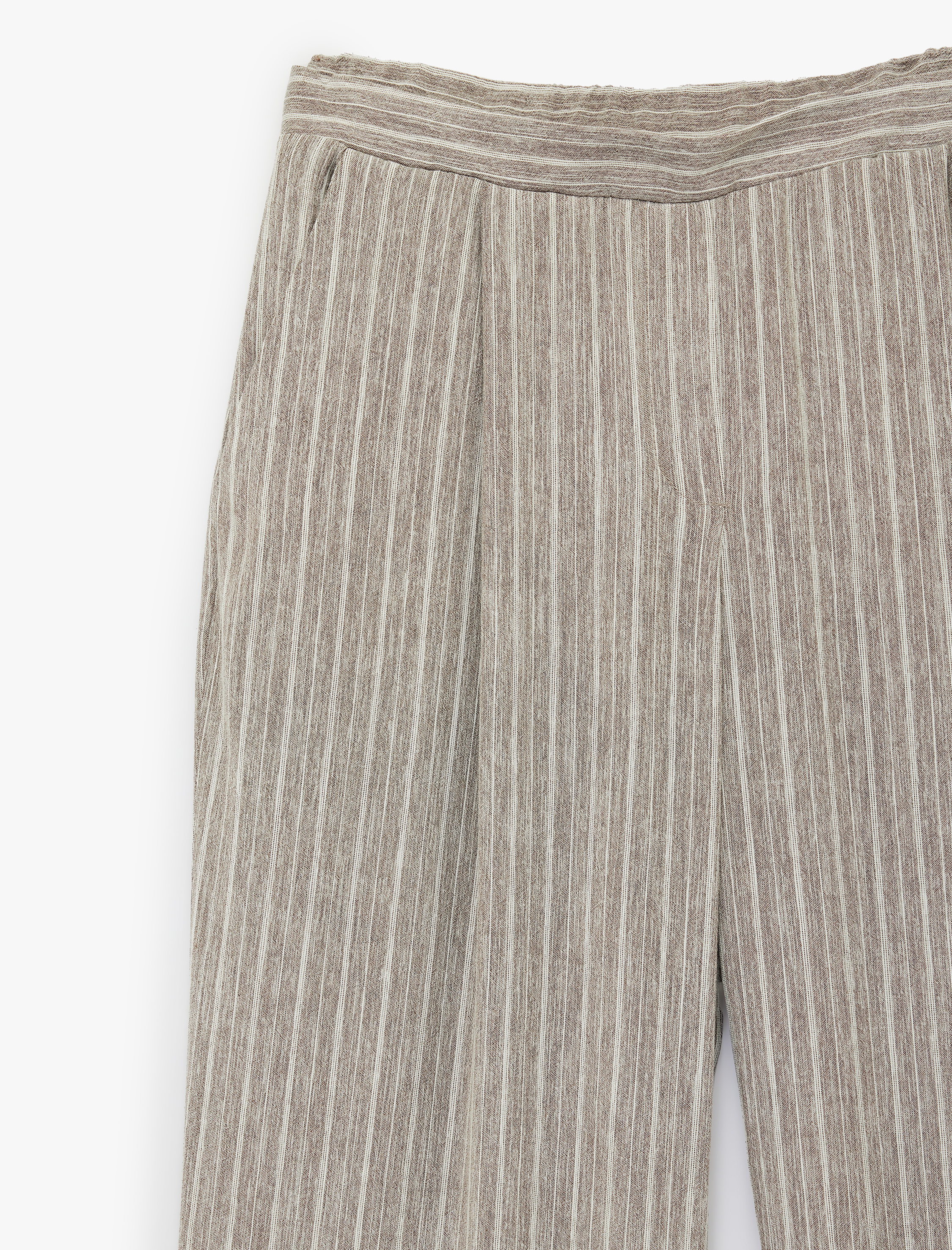   Viskon Karışımlı Cepli Pile Detaylı Düz Bol Paça Çizgili Kumaş Pantolon