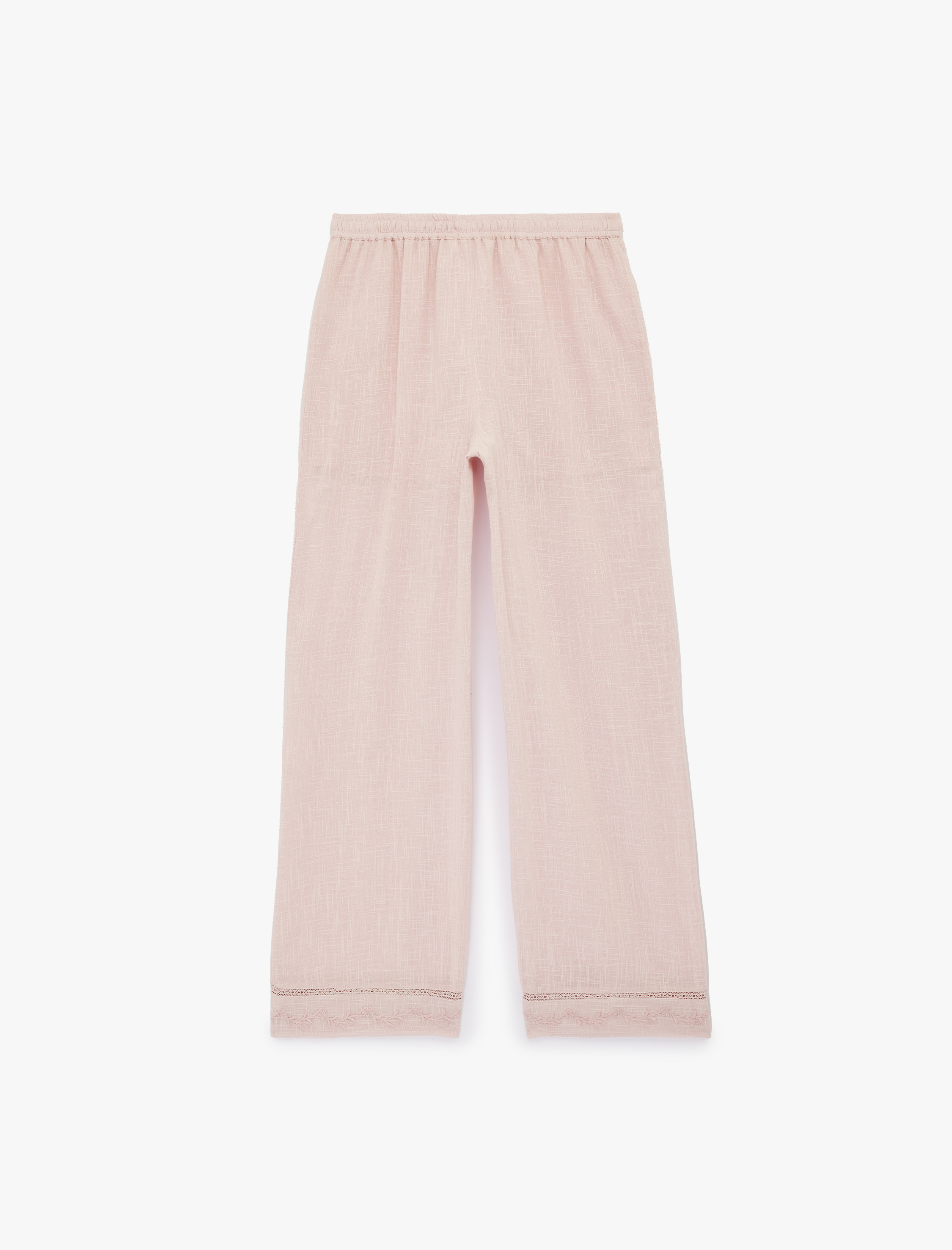   Pamuklu Nakışlı Beli Bağcıklı Düz Paça Pantolon
