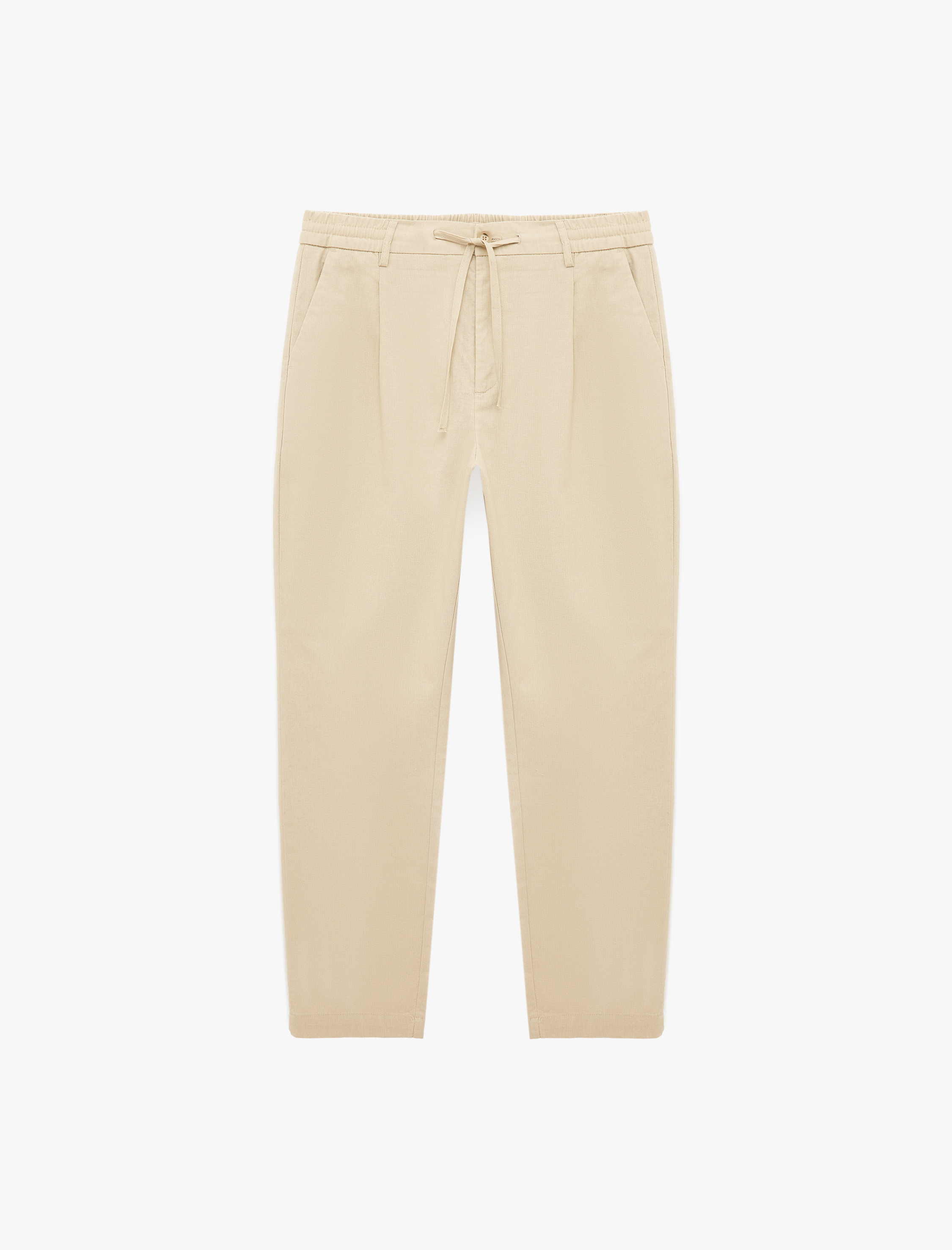   Regular Fit Beli Lastikli Düğmeli Düz Paça Keten Karışımlı Chino Pantolon