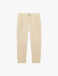 Regular Fit Beli Lastikli Düğmeli Düz Paça Keten Karışımlı Chino Pantolon