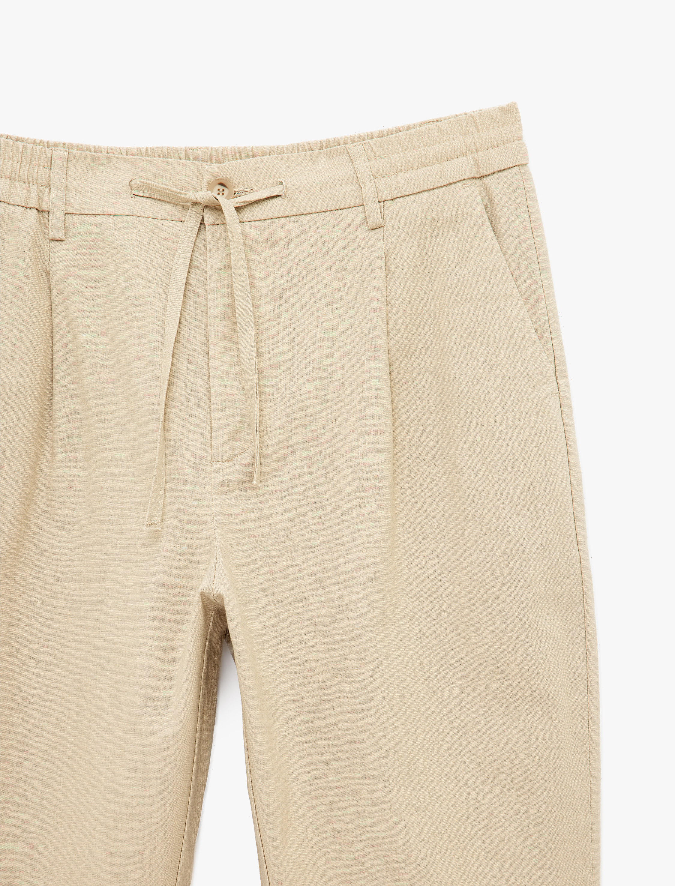   Regular Fit Beli Lastikli Düğmeli Düz Paça Keten Karışımlı Chino Pantolon