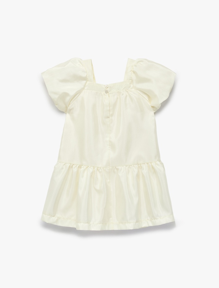 Kız Bebek Kare Yaka Fırfırlı Fiyonk Detaylı Kısa Kollu Elbise