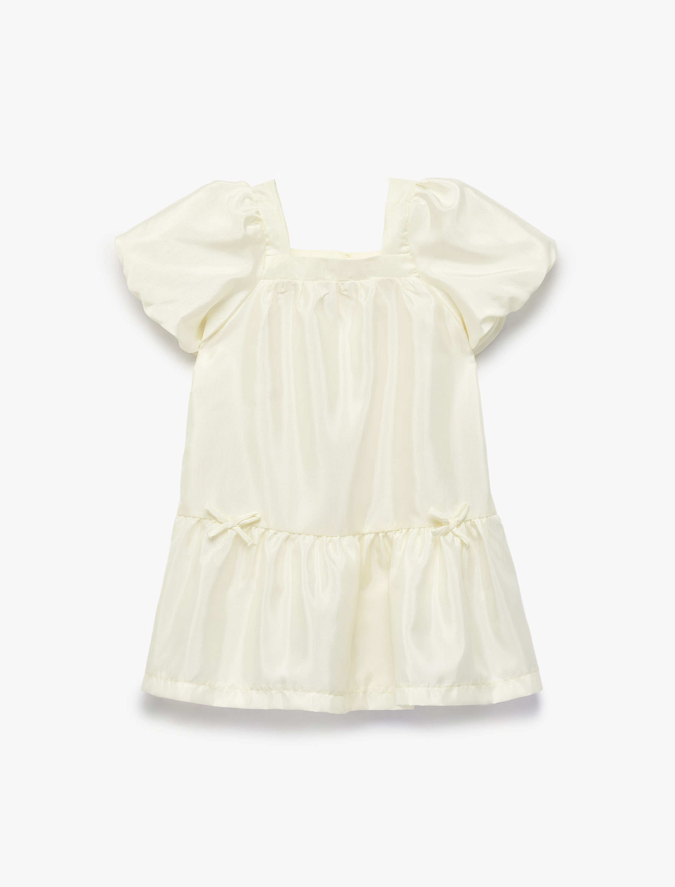  Kız Bebek Kare Yaka Fırfırlı Fiyonk Detaylı Kısa Kollu Elbise