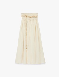 Viskon Kumaş Gipeli Düşük Bel Kemerli Midi Kloş Etek