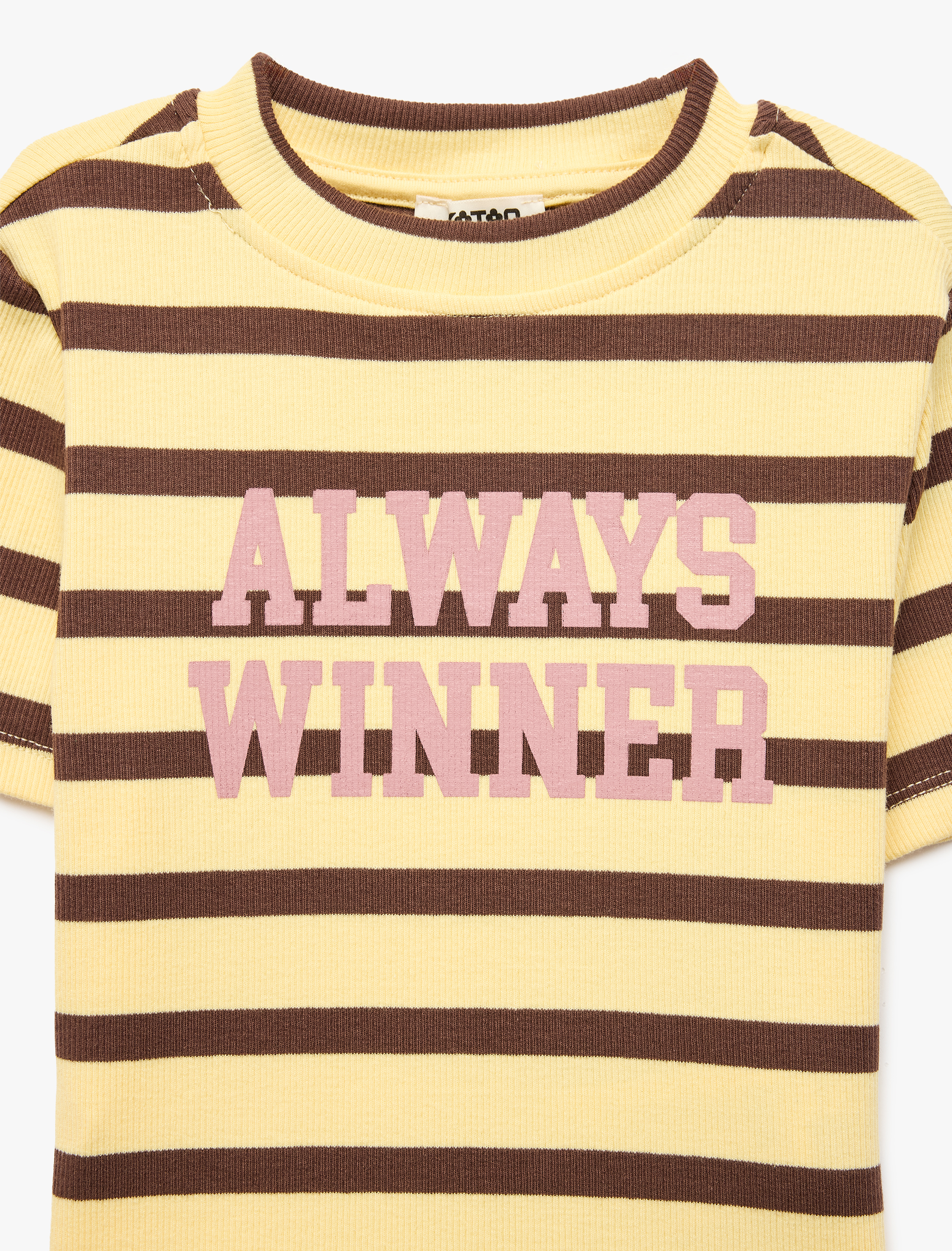  Kız Çocuk Pamuklu Baskılı Kısa Kollu Bisiklet Yaka Çizgili Tişört