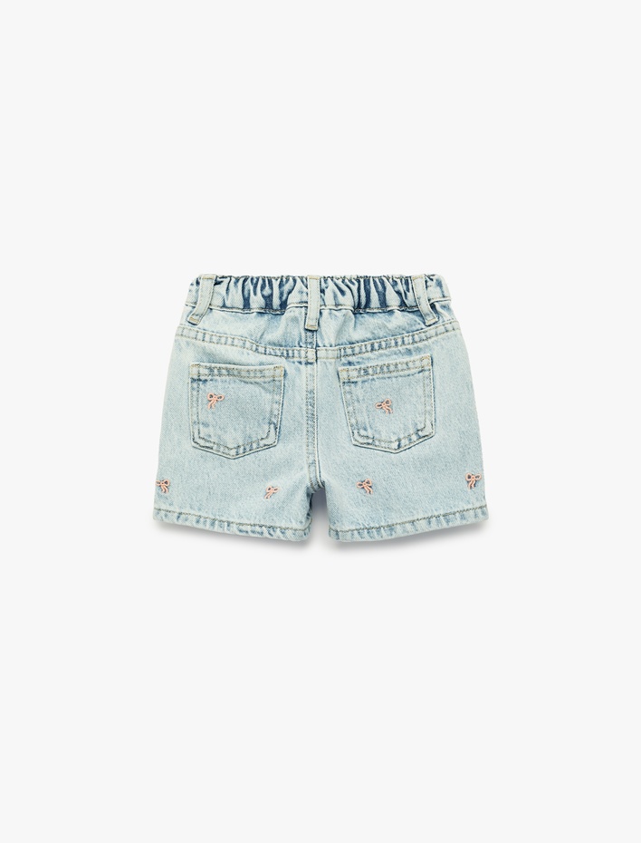 Kız Bebek Fiyonk İşlemeli Cepli Pamuklu Denim Şort