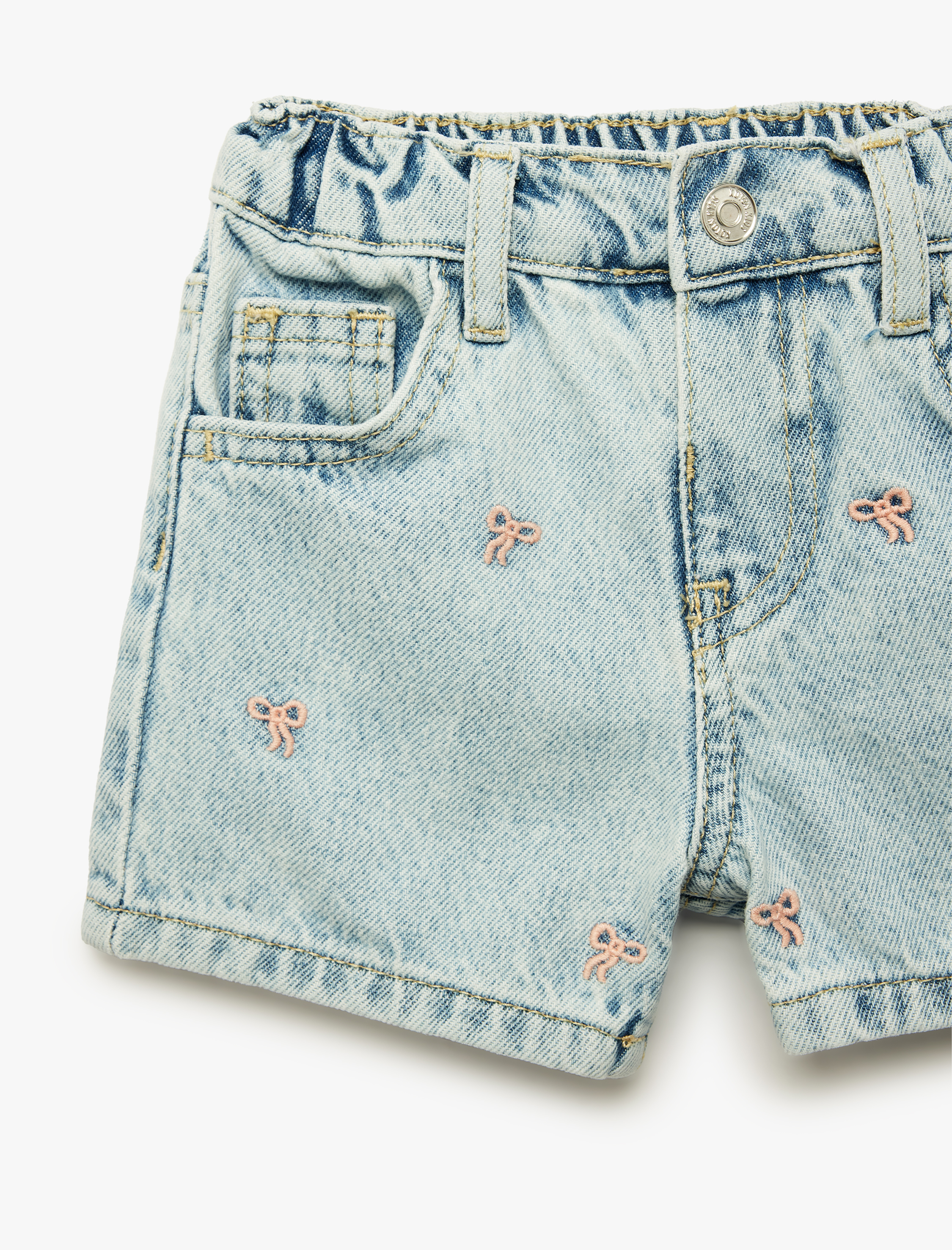  Kız Bebek Fiyonk İşlemeli Cepli Pamuklu Denim Şort