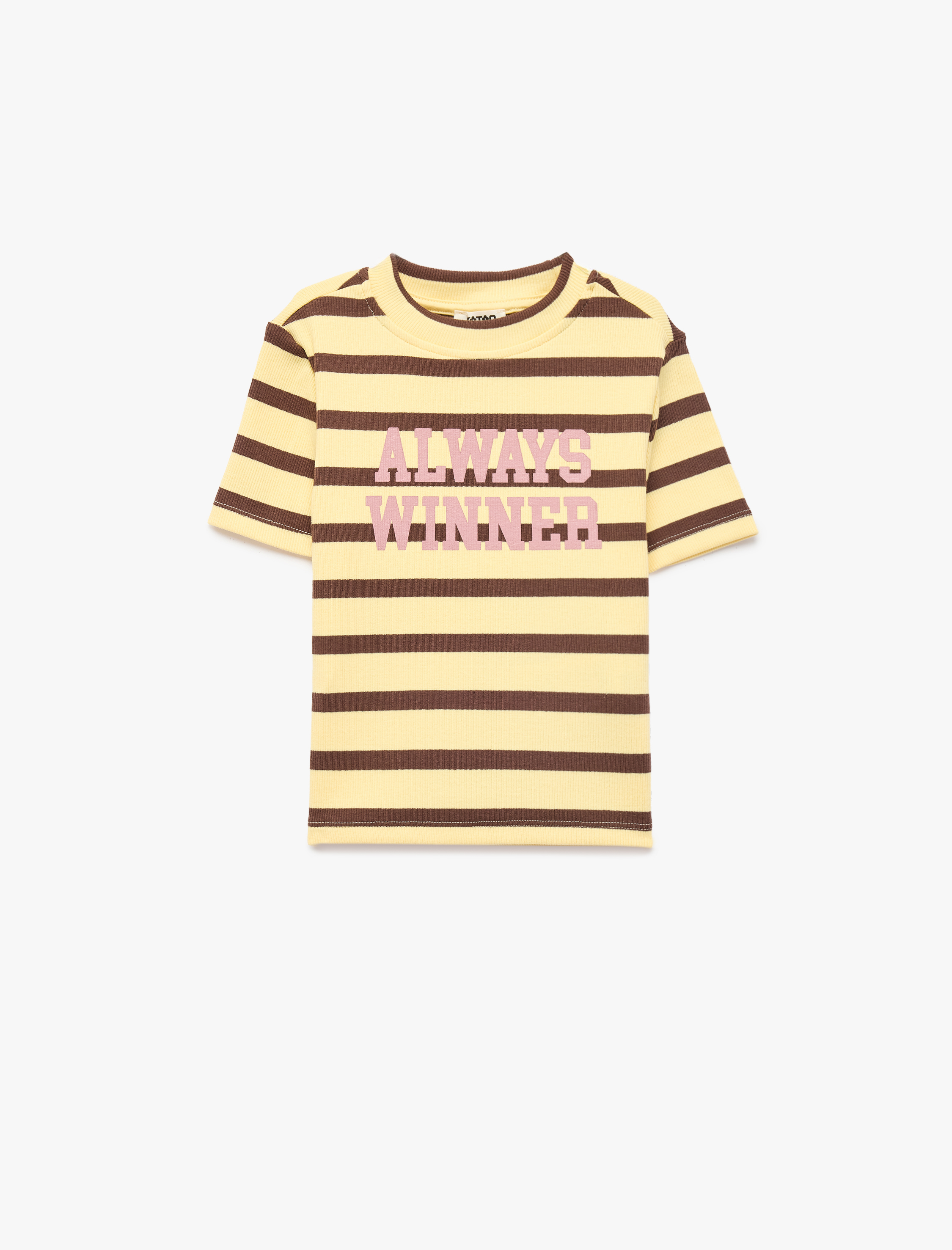  Kız Çocuk Pamuklu Baskılı Kısa Kollu Bisiklet Yaka Çizgili Tişört