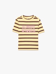 Pamuklu Baskılı Kısa Kollu Bisiklet Yaka Çizgili Tişört