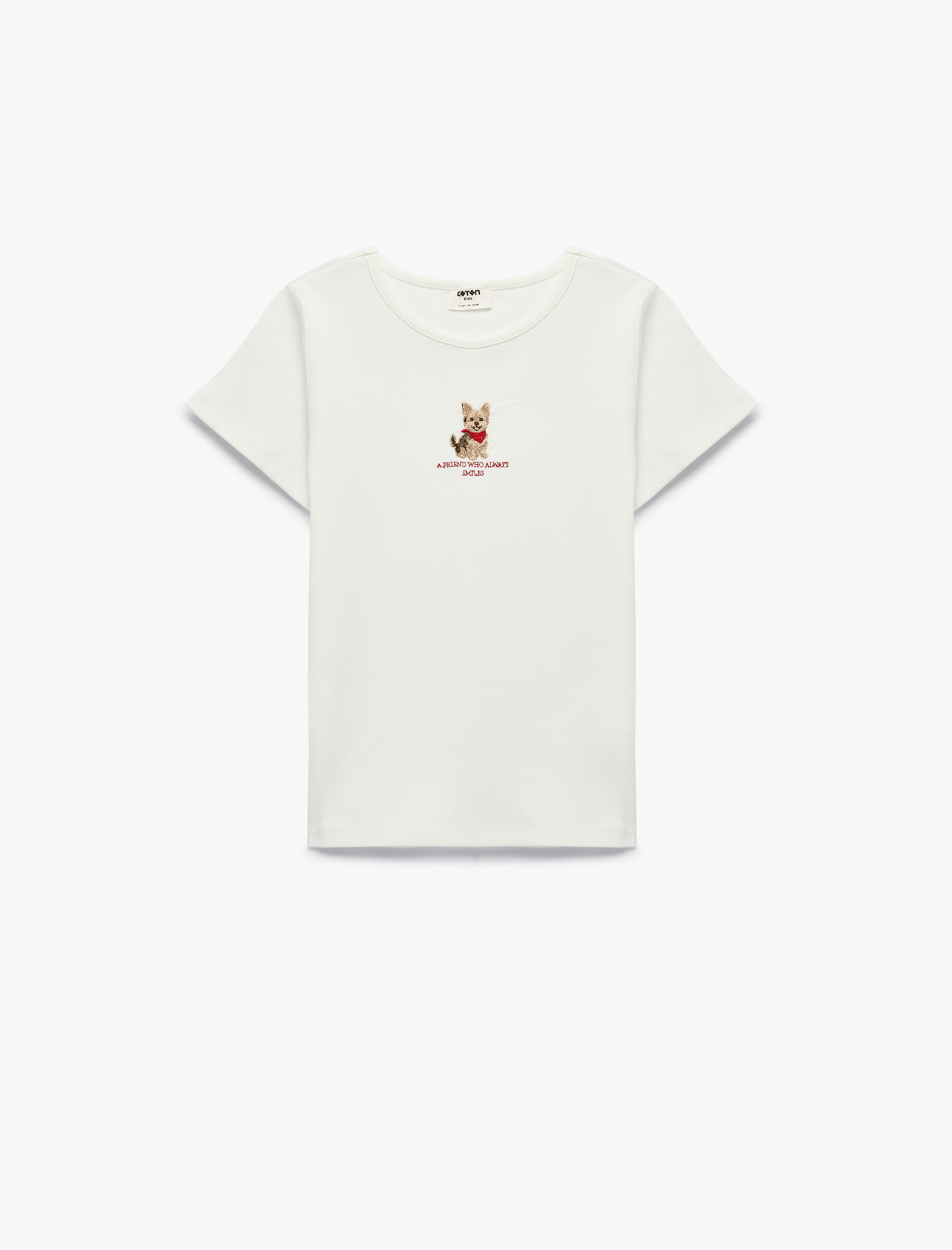  Kız Çocuk Pamuklu Köpek Nakış Detaylı Bisiklet Yaka Kısa Kollu Tişört