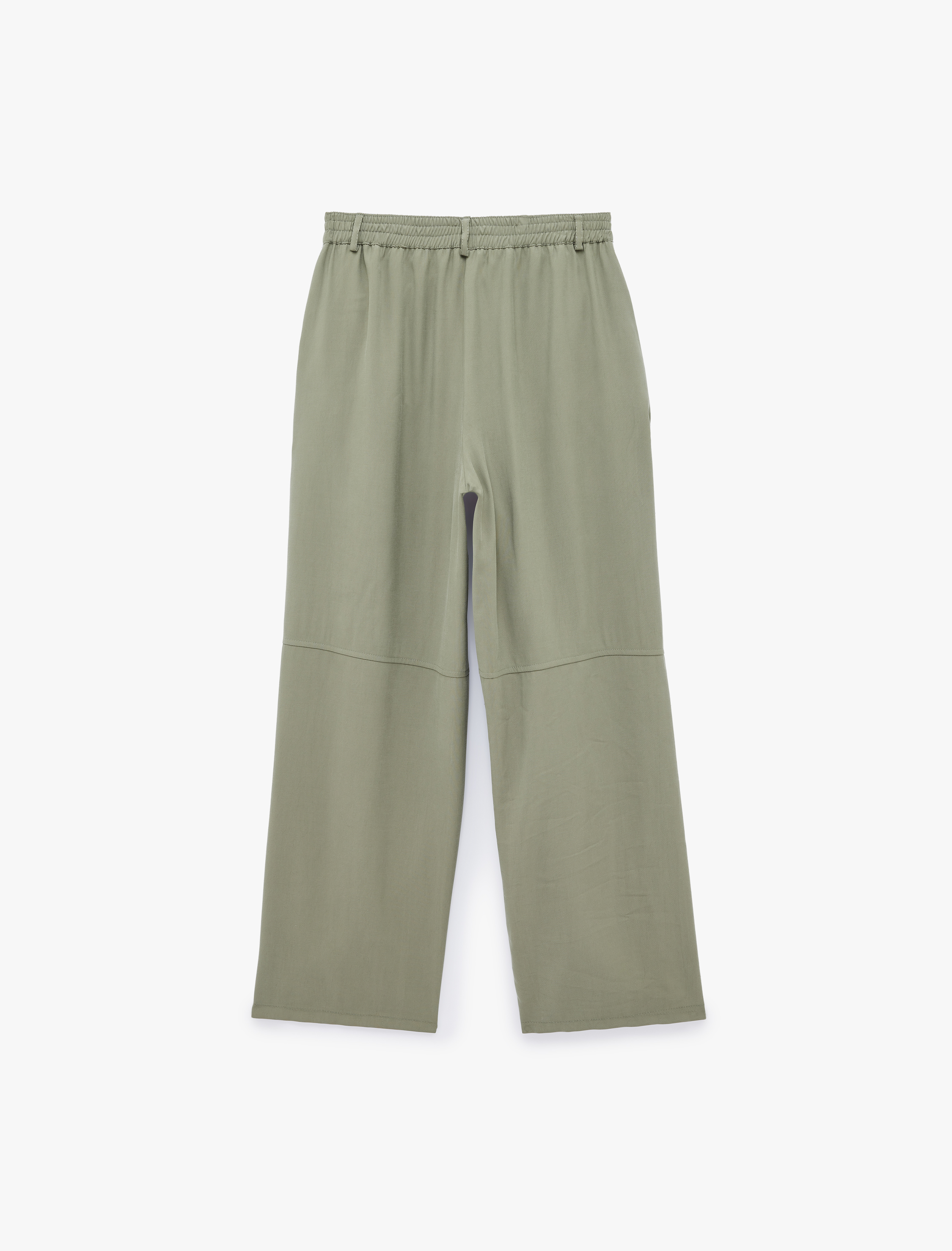   Viskon Cupro Kumaş Beli Lastikli Cepli Düz Bol Paça Pantolon