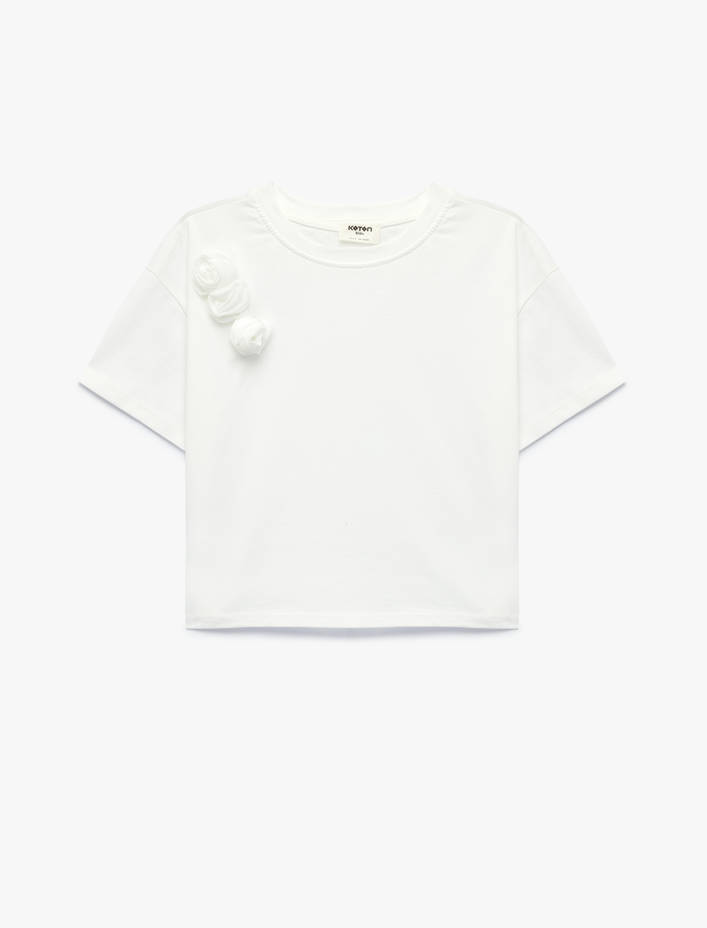  Kız Çocuk Çiçek Aplikeli Pamuklu Kısa Kollu Bisiklet Yaka Tişört