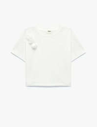 Çiçek Aplikeli Pamuklu Kısa Kollu Bisiklet Yaka Tişört