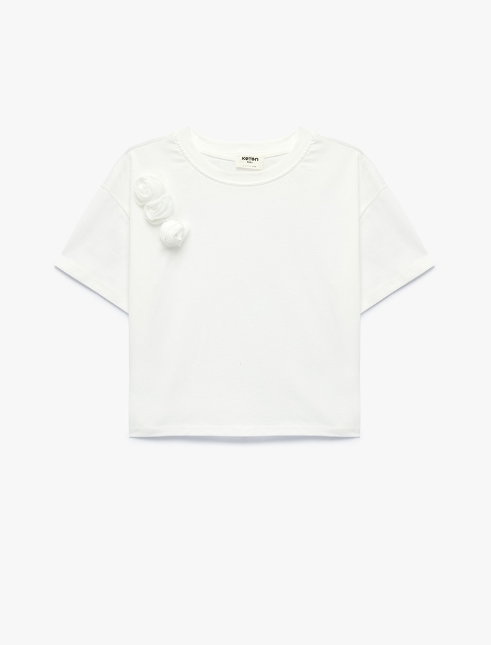 Kız Çocuk Çiçek Aplikeli Pamuklu Kısa Kollu Bisiklet Yaka Tişört