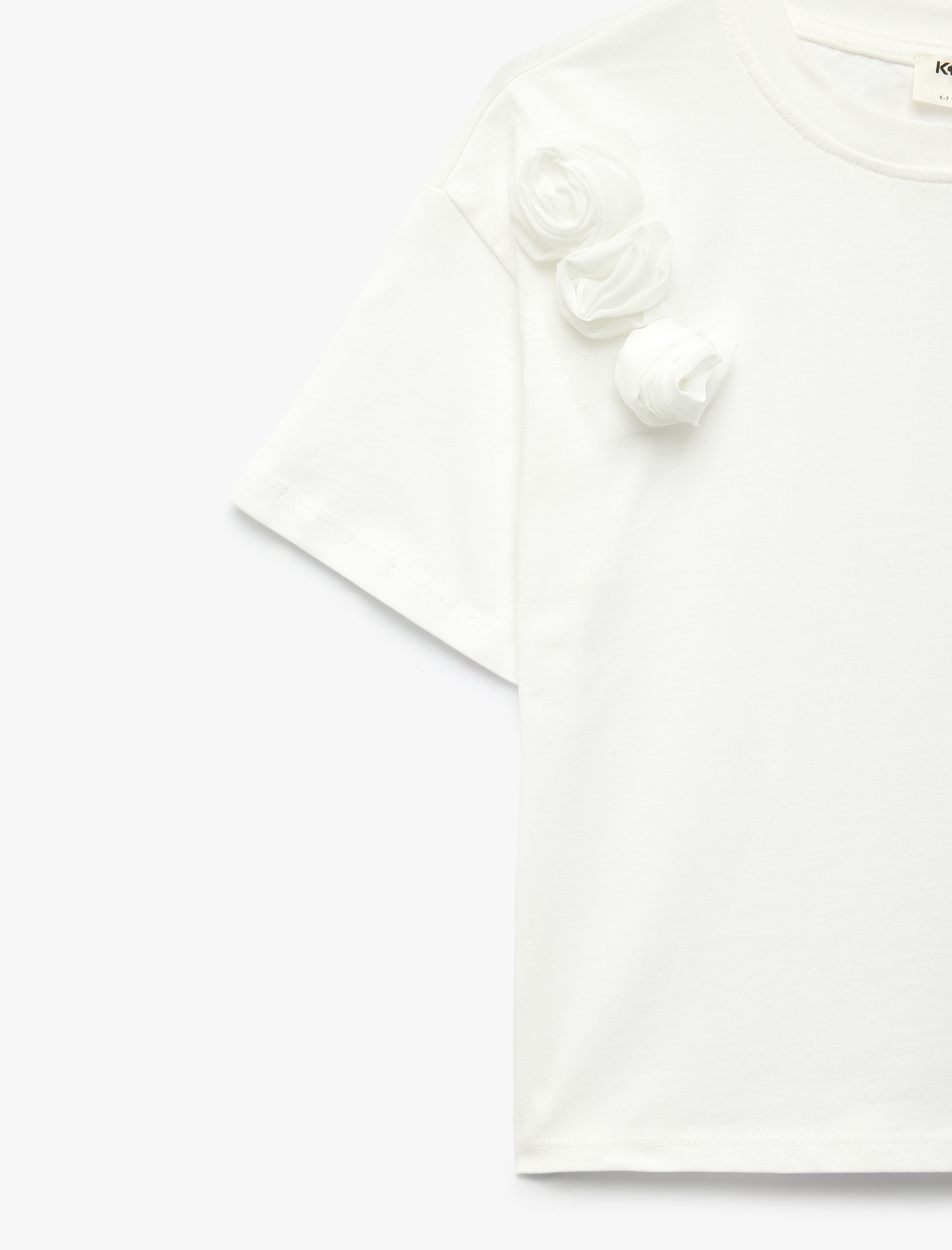  Kız Çocuk Çiçek Aplikeli Pamuklu Kısa Kollu Bisiklet Yaka Tişört