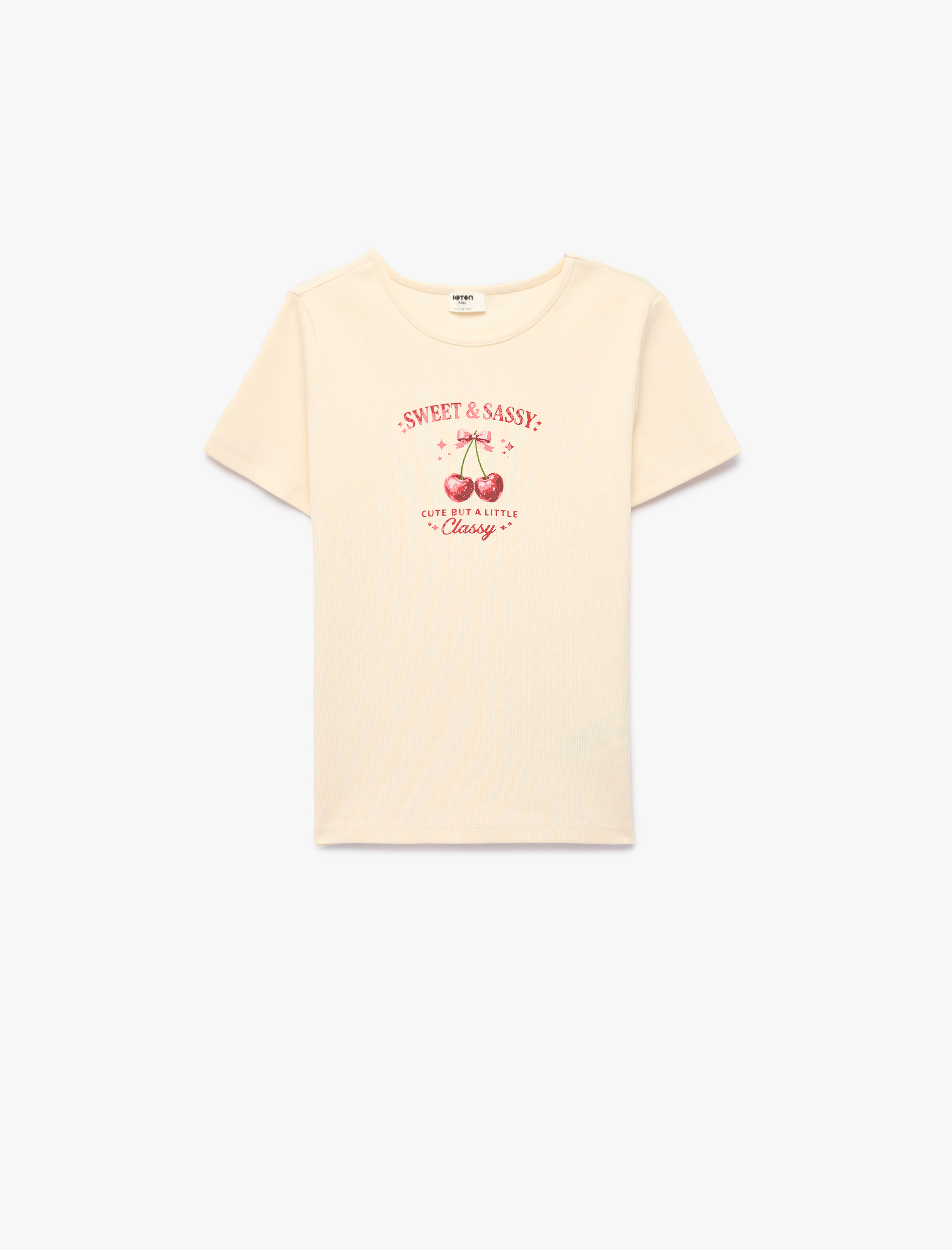  Kız Çocuk Kiraz Baskılı Kısa Kollu Bisiklet Yaka Pamuklu Tişört