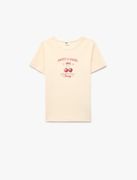 Kiraz Baskılı Kısa Kollu Bisiklet Yaka Pamuklu Tişört