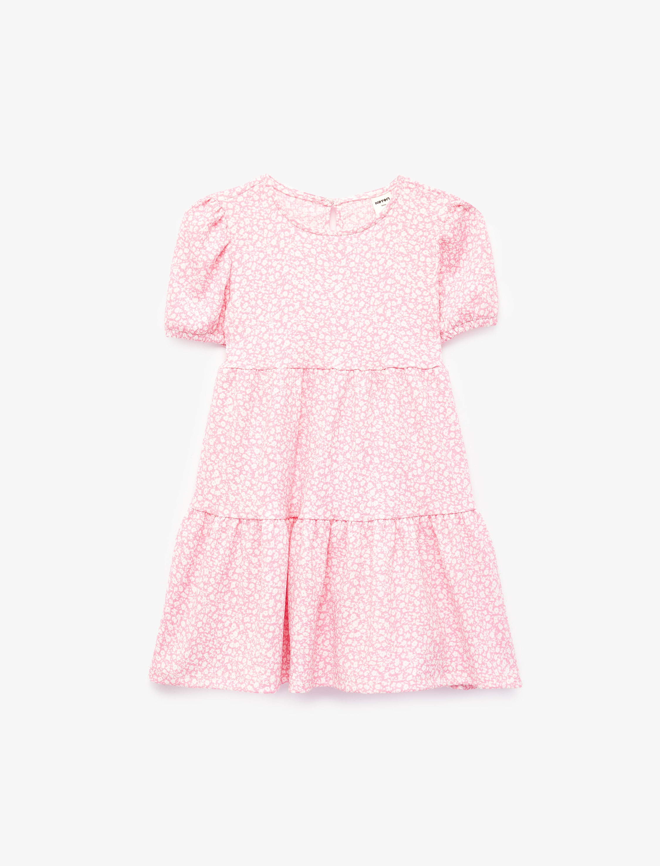  Kız Bebek Balon Kollu Bisiklet Yaka Kat Detaylı Çiçekli Elbise