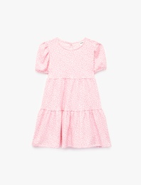 Balon Kollu Bisiklet Yaka Kat Detaylı Çiçekli Elbise