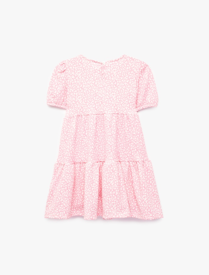 Kız Bebek Balon Kollu Bisiklet Yaka Kat Detaylı Çiçekli Elbise