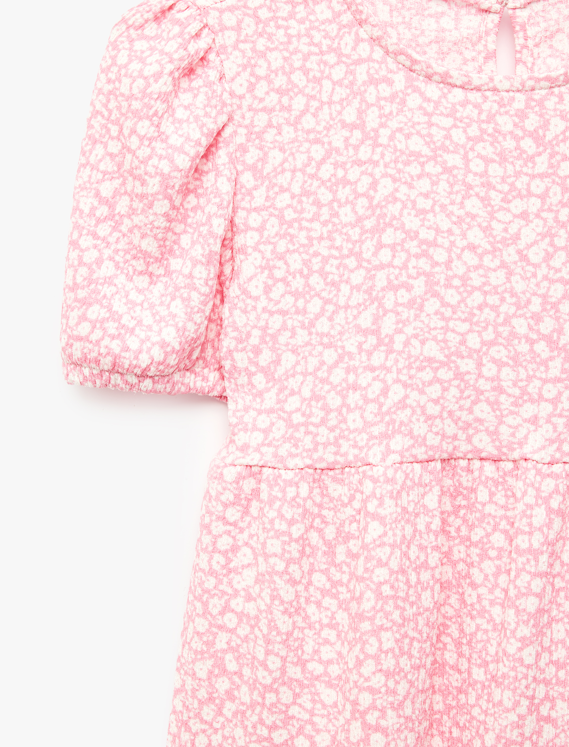  Kız Bebek Balon Kollu Bisiklet Yaka Kat Detaylı Çiçekli Elbise