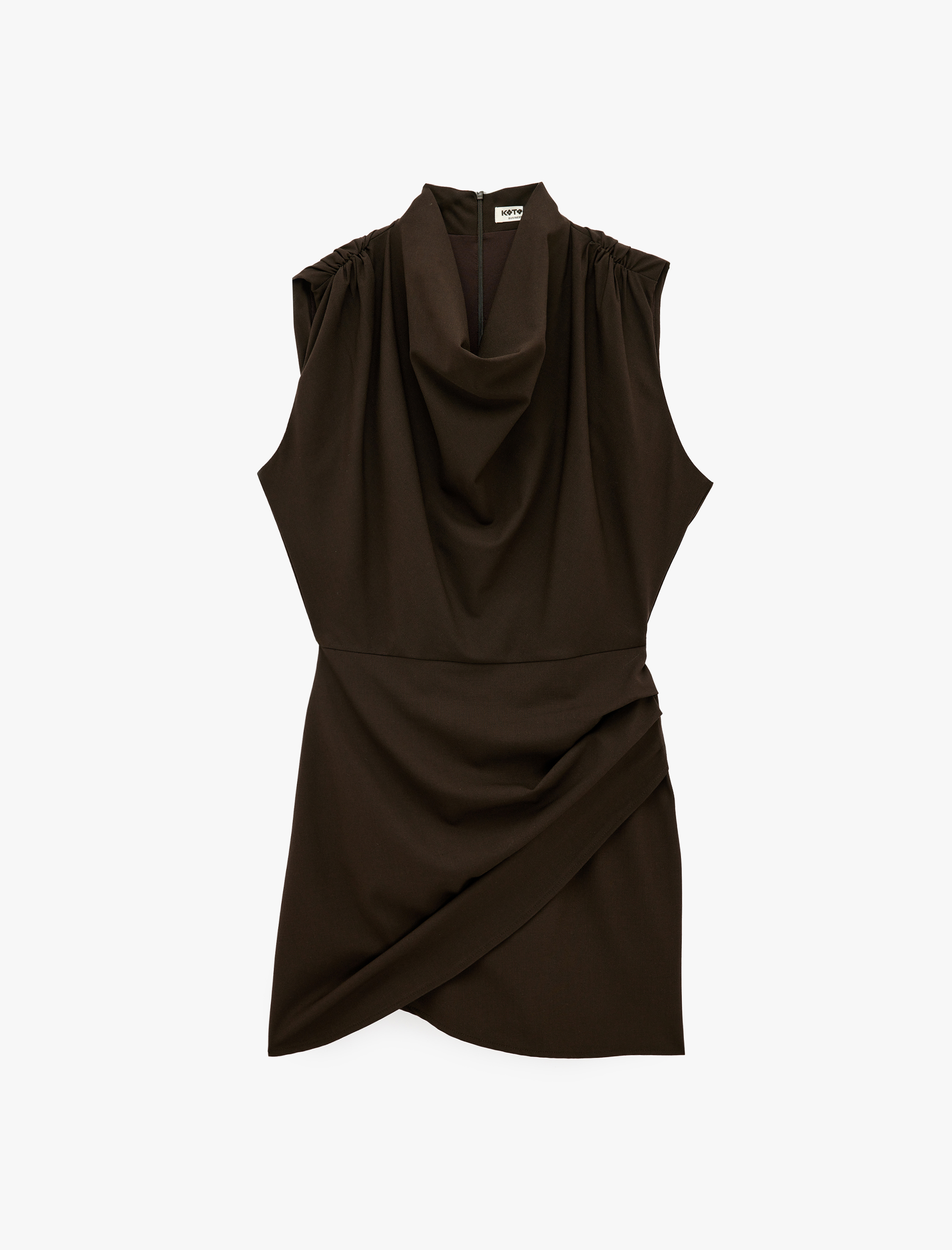   Viskon Karışımlı Drapeli Kolsuz Degaje Yaka Mini Elbise