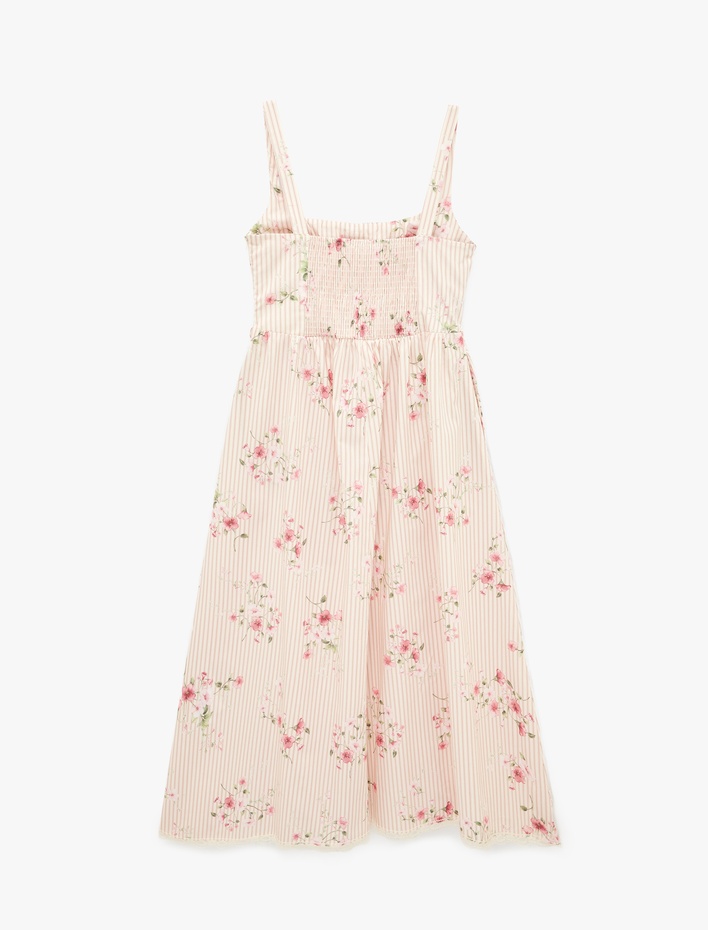  Pamuklu Dantelli Fiyonk Detaylı Kare Yaka Çizgili Çiçekli Uzun Askılı Elbise