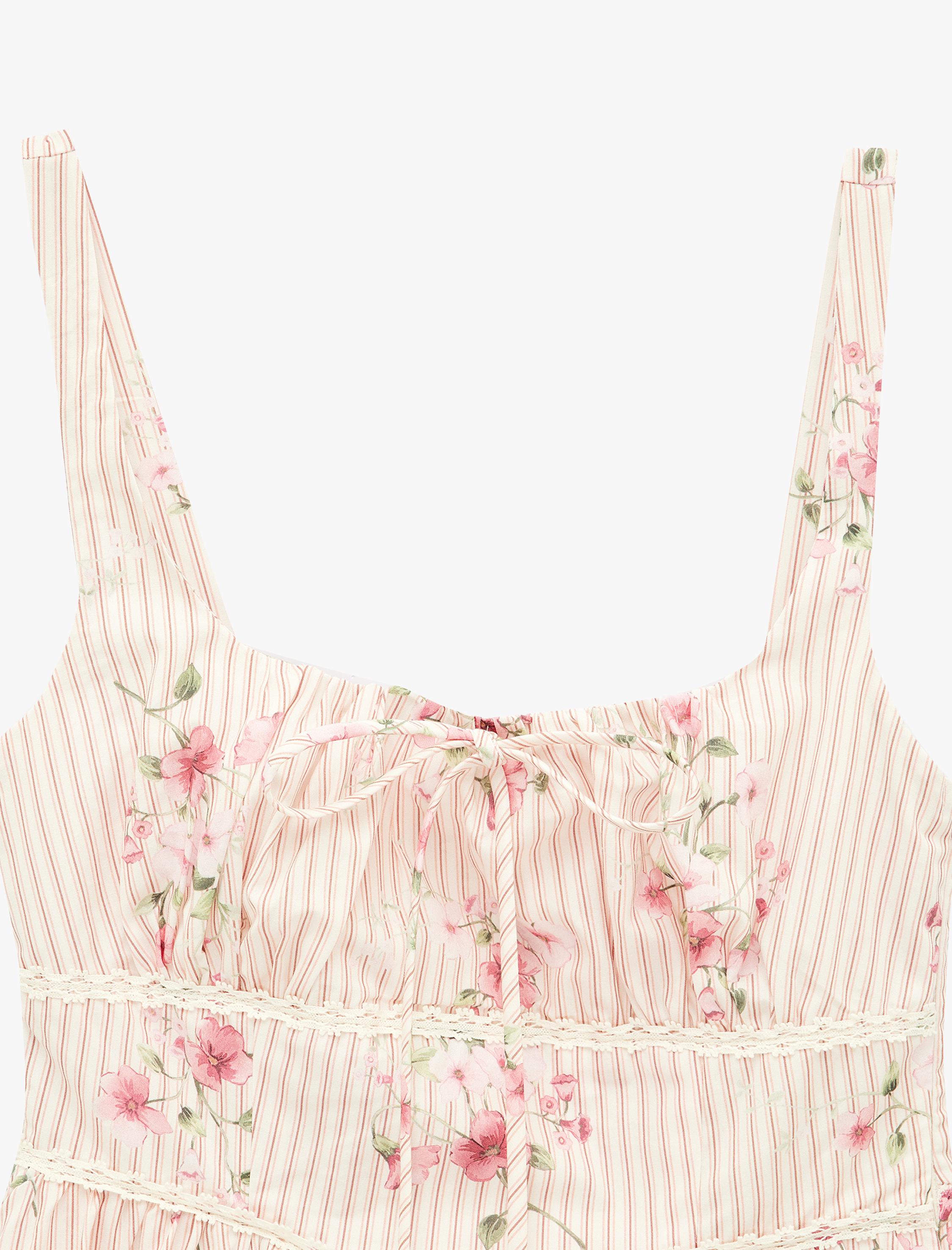   Pamuklu Dantelli Fiyonk Detaylı Kare Yaka Çizgili Çiçekli Uzun Askılı Elbise