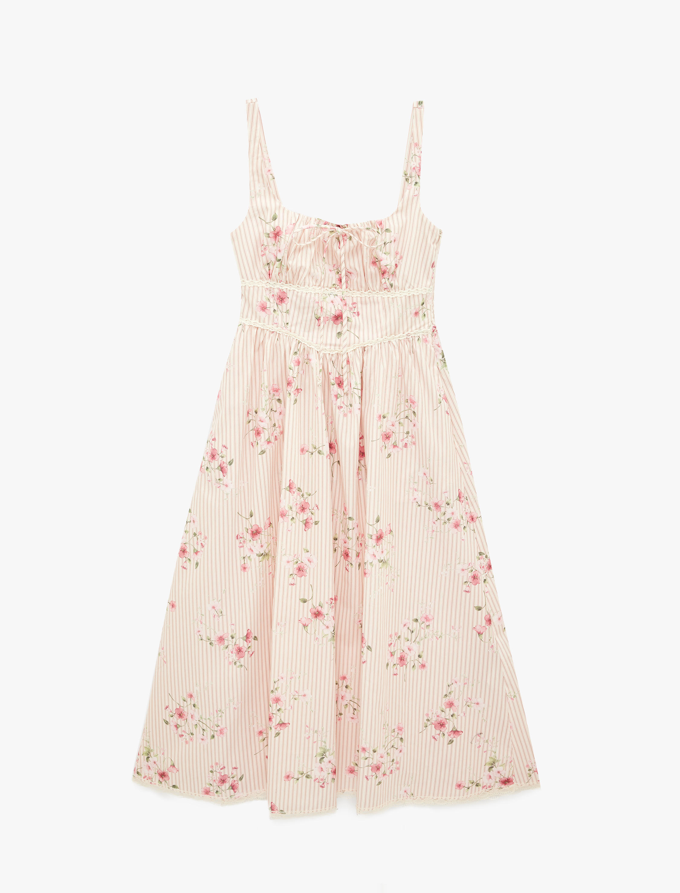   Pamuklu Dantelli Fiyonk Detaylı Kare Yaka Çizgili Çiçekli Uzun Askılı Elbise