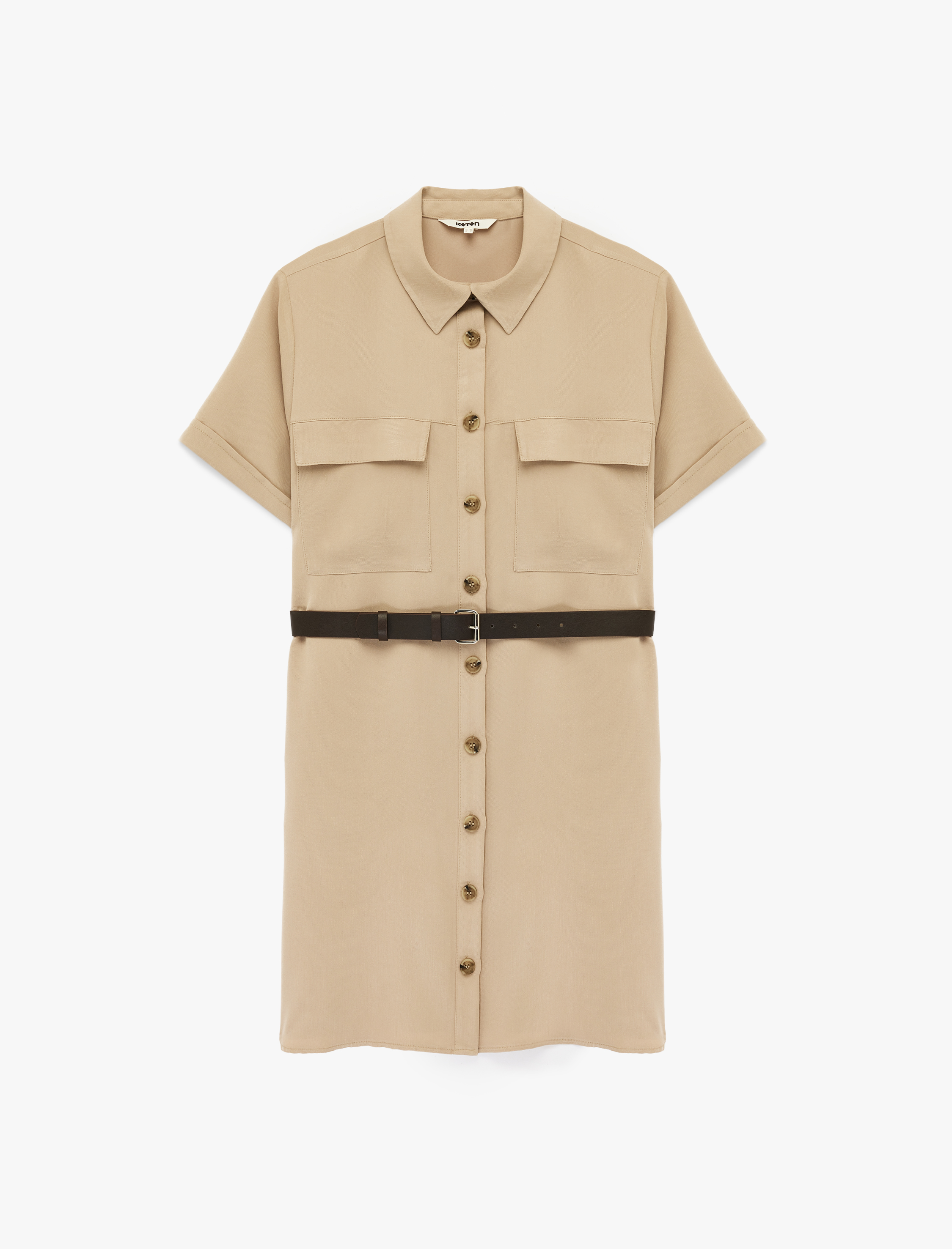   Modal Cupro Kumaş Kemerli Cep Detaylı Kısa Kollu Mini Gömlek Elbise