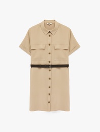 Modal Cupro Kumaş Kemerli Cep Detaylı Kısa Kollu Mini Gömlek Elbise