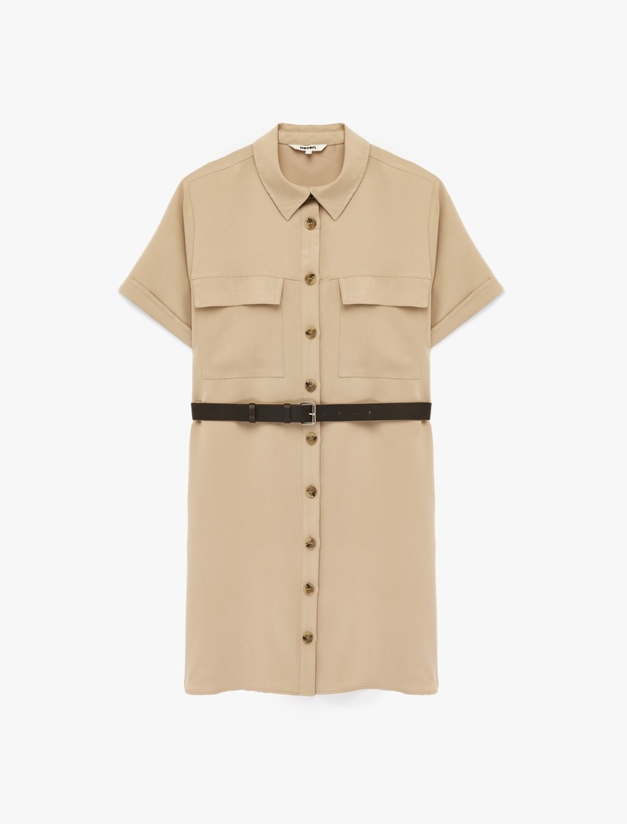  Modal Cupro Kumaş Kemerli Cep Detaylı Kısa Kollu Mini Gömlek Elbise