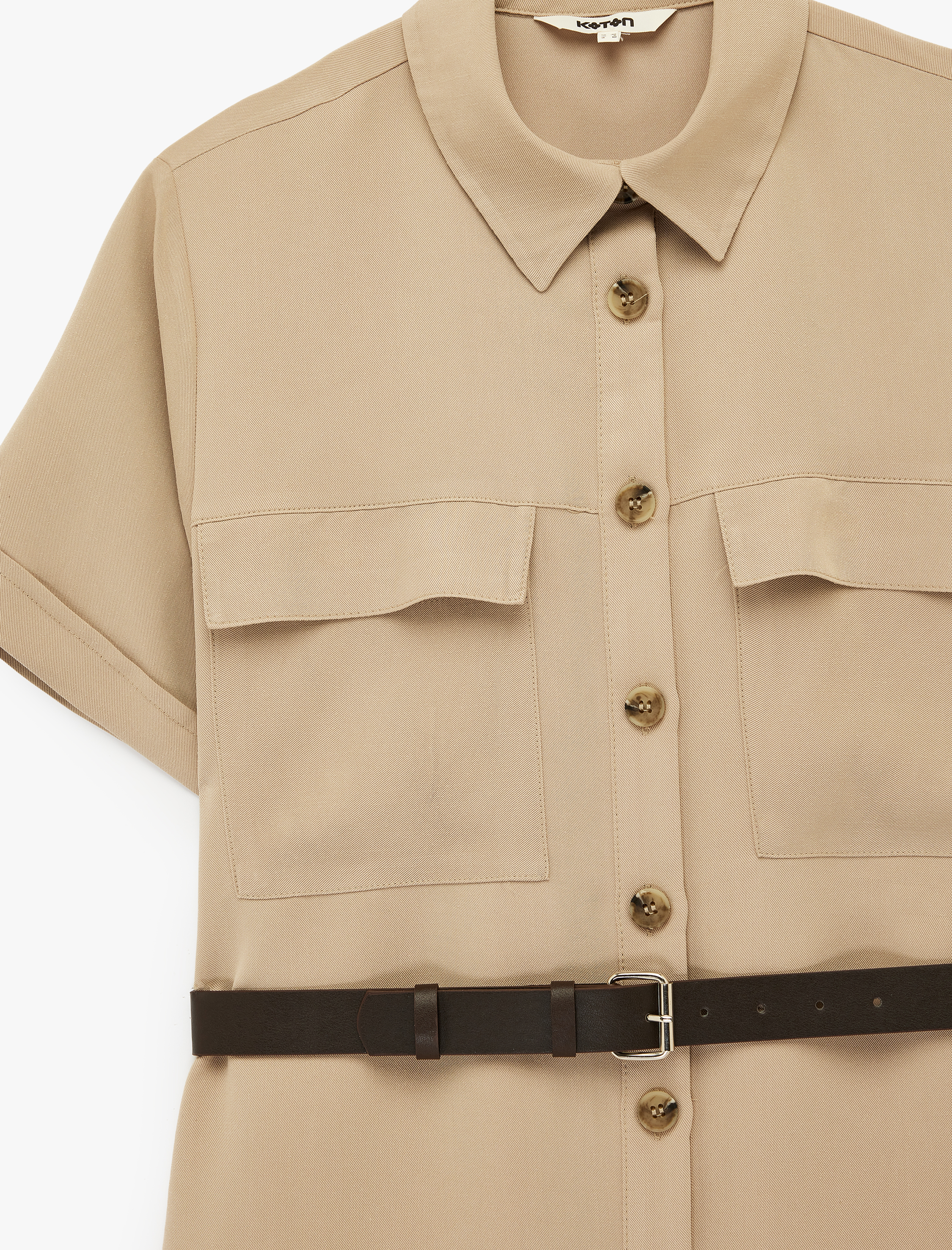   Modal Cupro Kumaş Kemerli Cep Detaylı Kısa Kollu Mini Gömlek Elbise