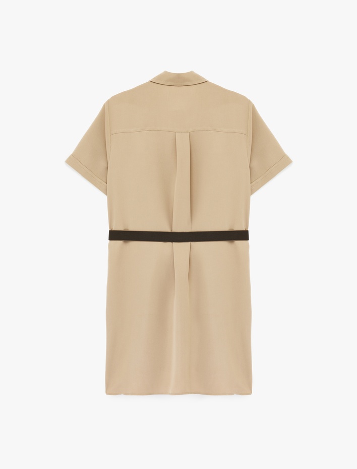  Modal Cupro Kumaş Kemerli Cep Detaylı Kısa Kollu Mini Gömlek Elbise