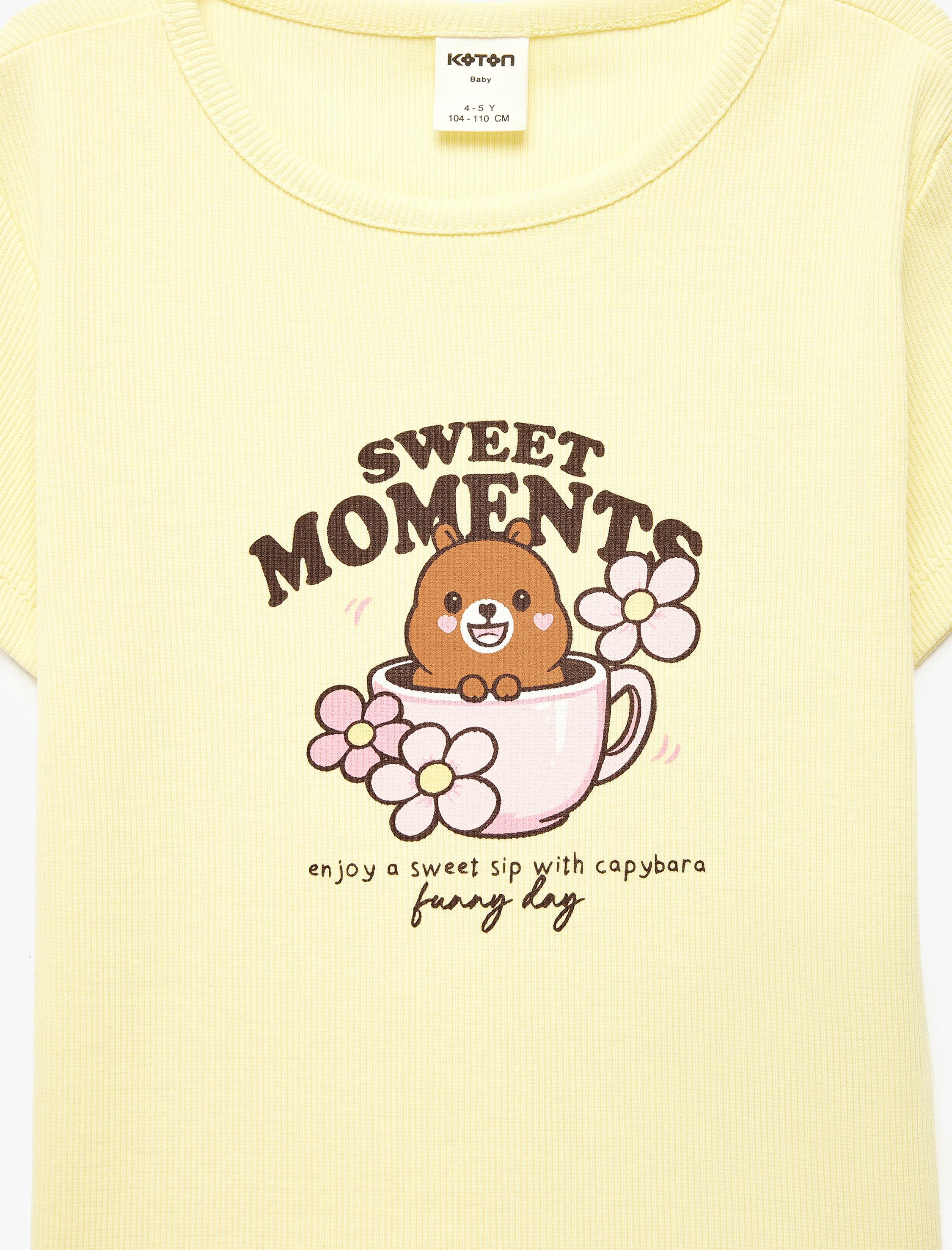  Kız Bebek Ribanalı Kısa Kollu Bisiklet Yaka Pamuklu Baskılı Tişört