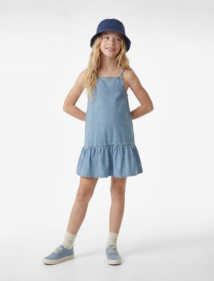 Kız Çocuk İp Askılı Oversize Pamuklu Pileli Denim Elbise