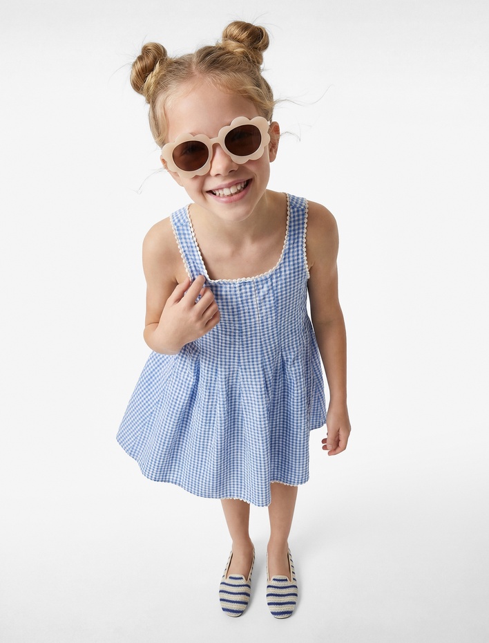 Kız Çocuk Kare Yaka Kolsuz Pötikareli Dar Kesim Volanlı A Kesim Mini Elbise