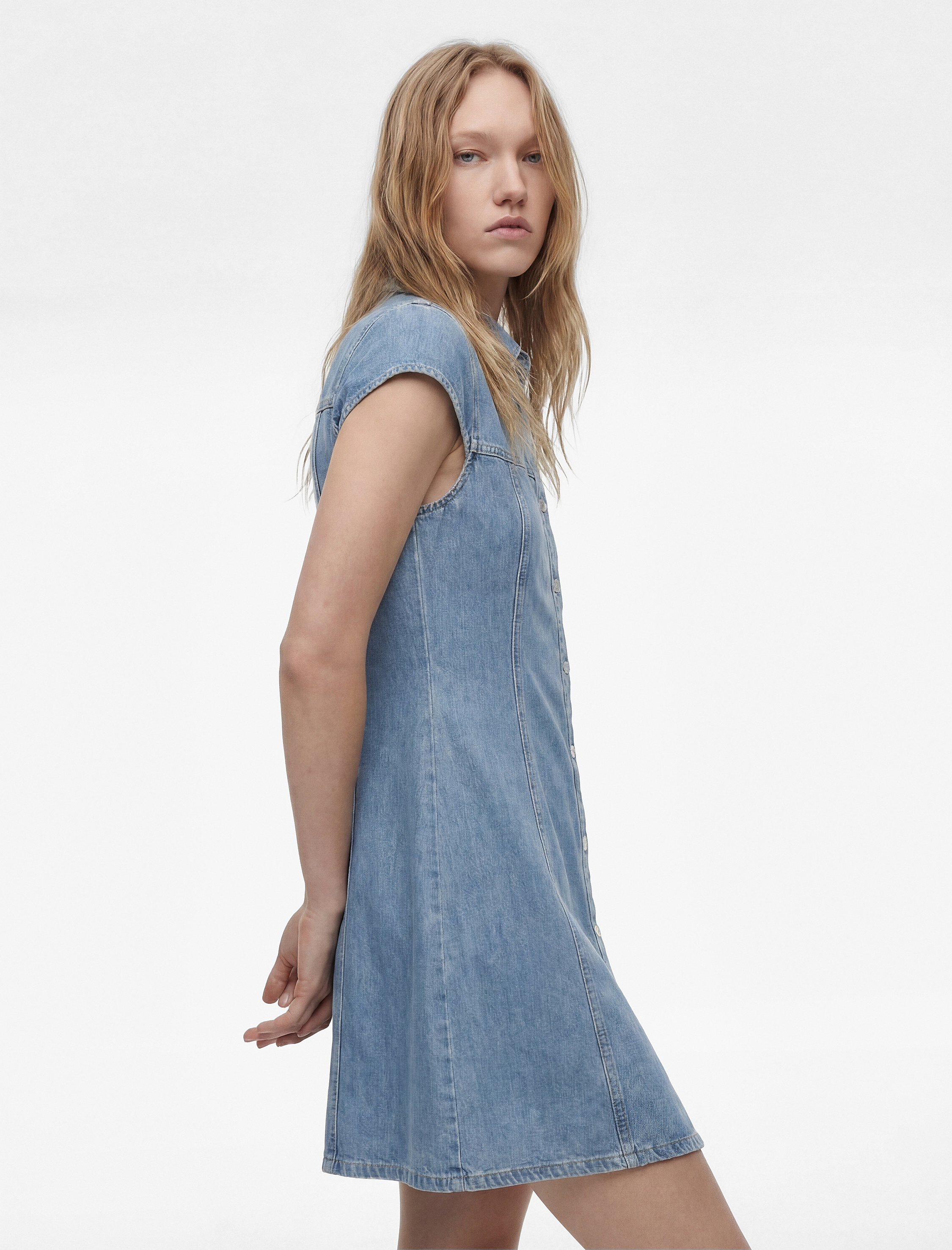   Kısa Kollu Düğmeli Gömlek Yaka Mini Denim Elbise