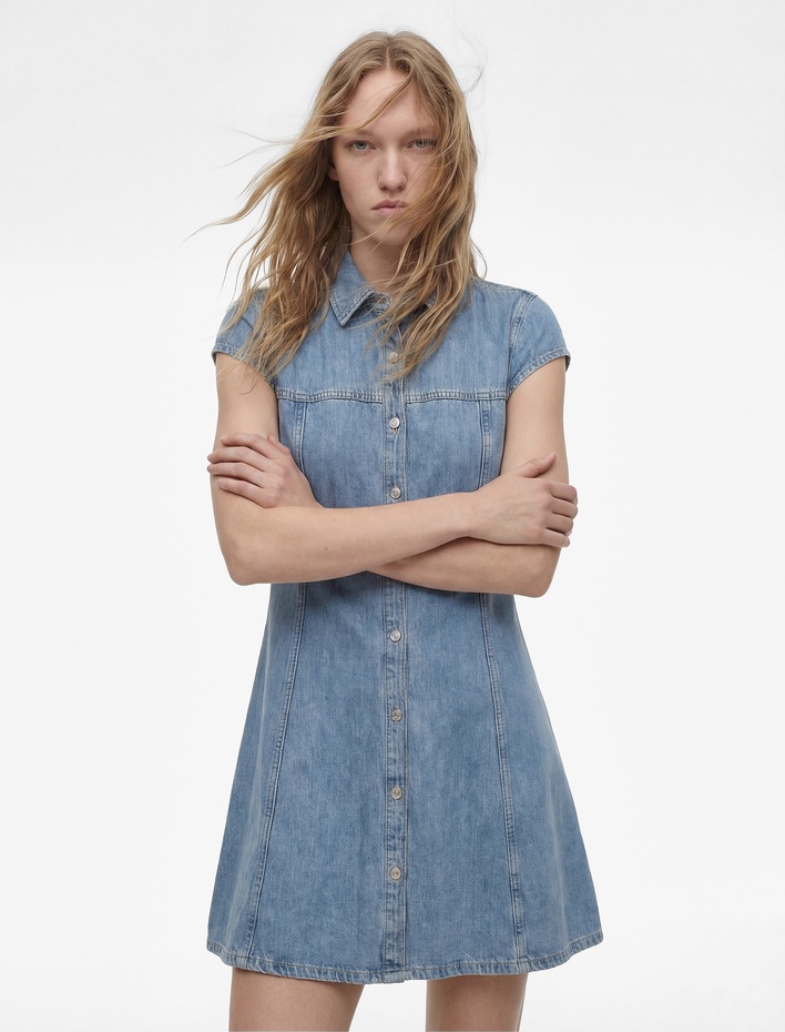  Kısa Kollu Düğmeli Gömlek Yaka Mini Denim Elbise