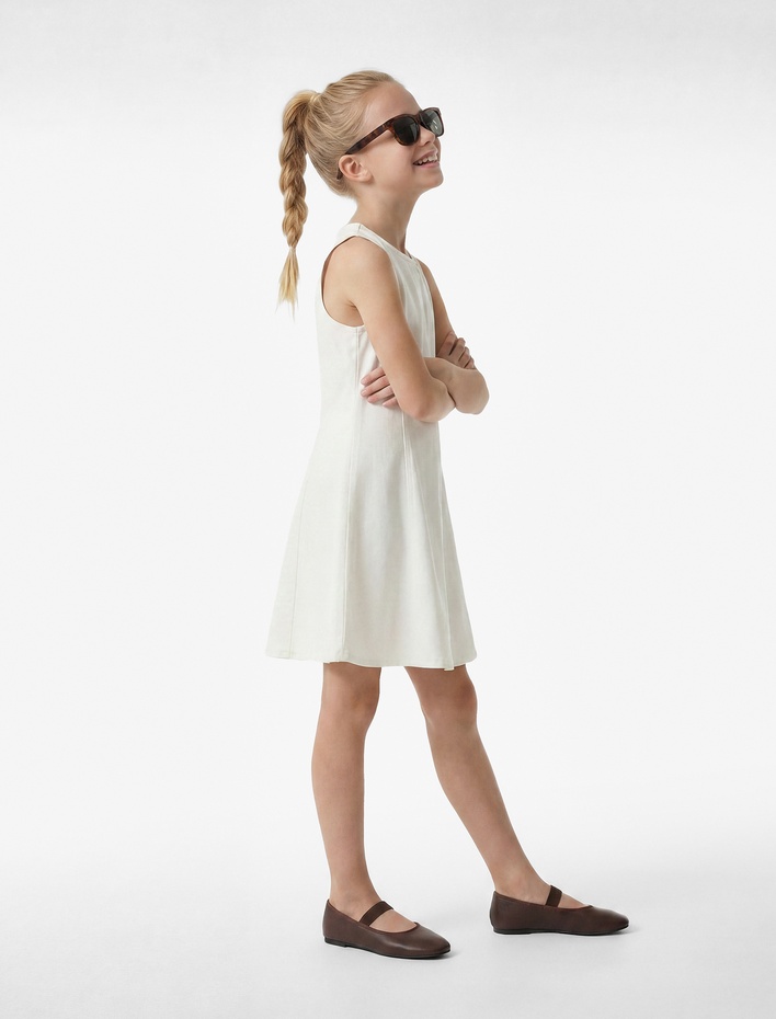 Kız Çocuk Pamuklu Kolsuz Bisiklet Yaka Denim Elbise