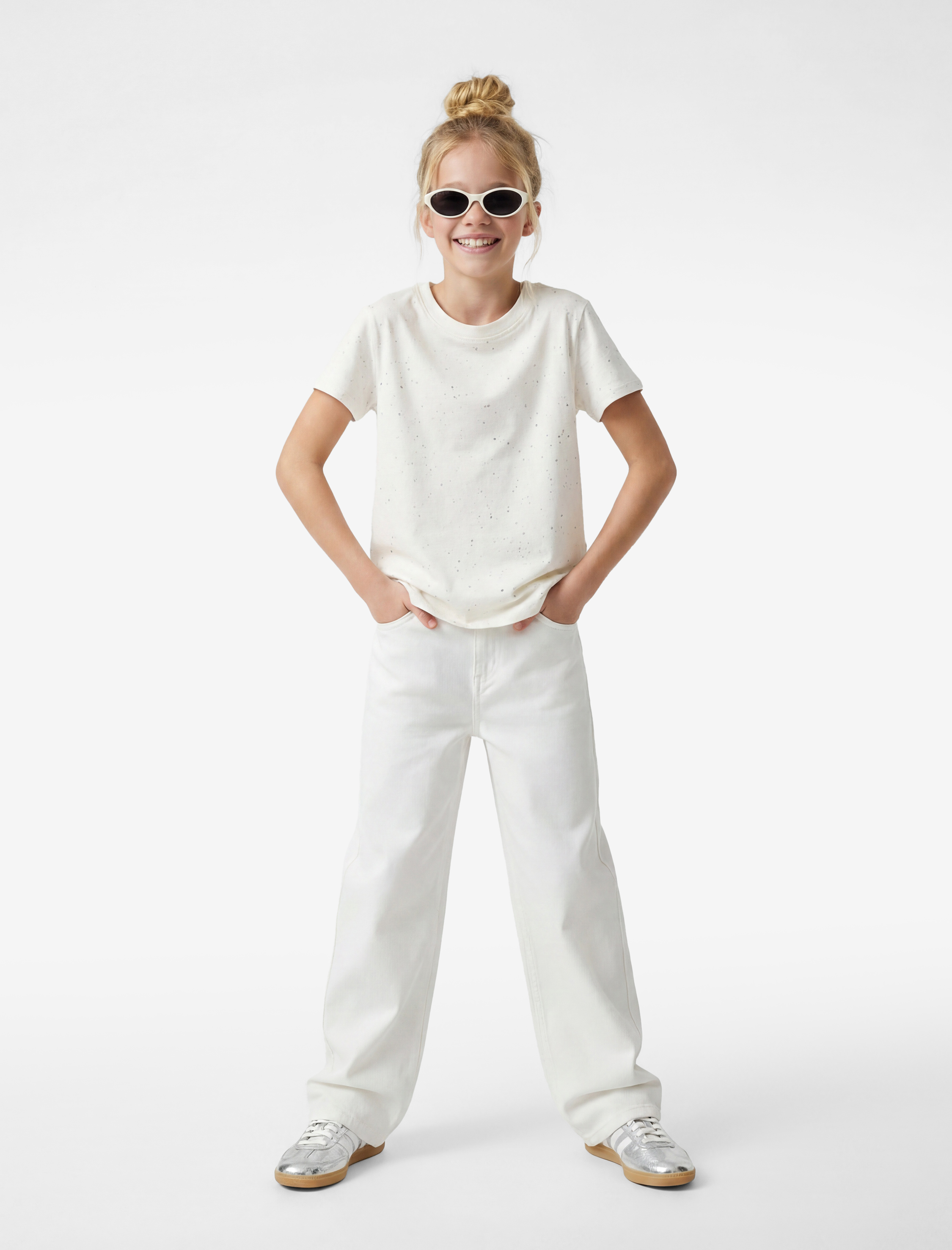  Kız Çocuk Sim Detaylı Bisiklet Yaka Kısa Kollu Pamuklu Tişört