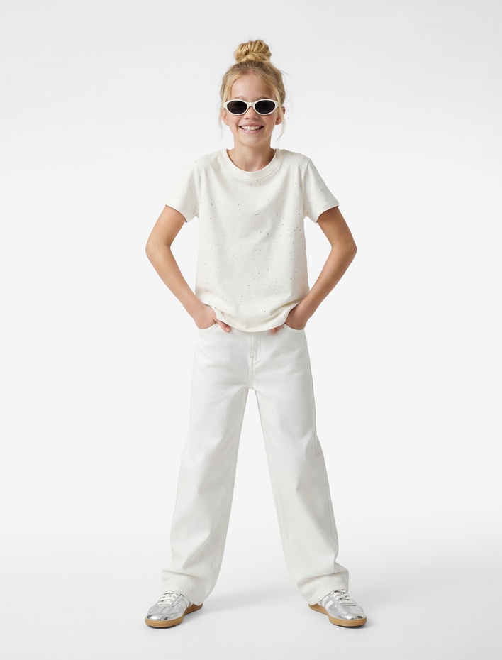 Kız Çocuk Sim Detaylı Bisiklet Yaka Kısa Kollu Pamuklu Tişört