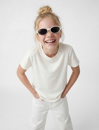 Sim Detaylı Bisiklet Yaka Kısa Kollu Pamuklu Tişört