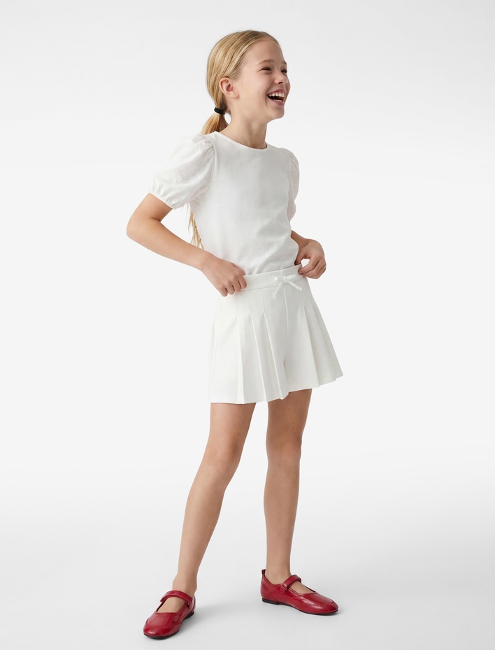 Kız Çocuk Brodeli Rahat Kesim Bisiklet Yaka Balon Kollu Bluz