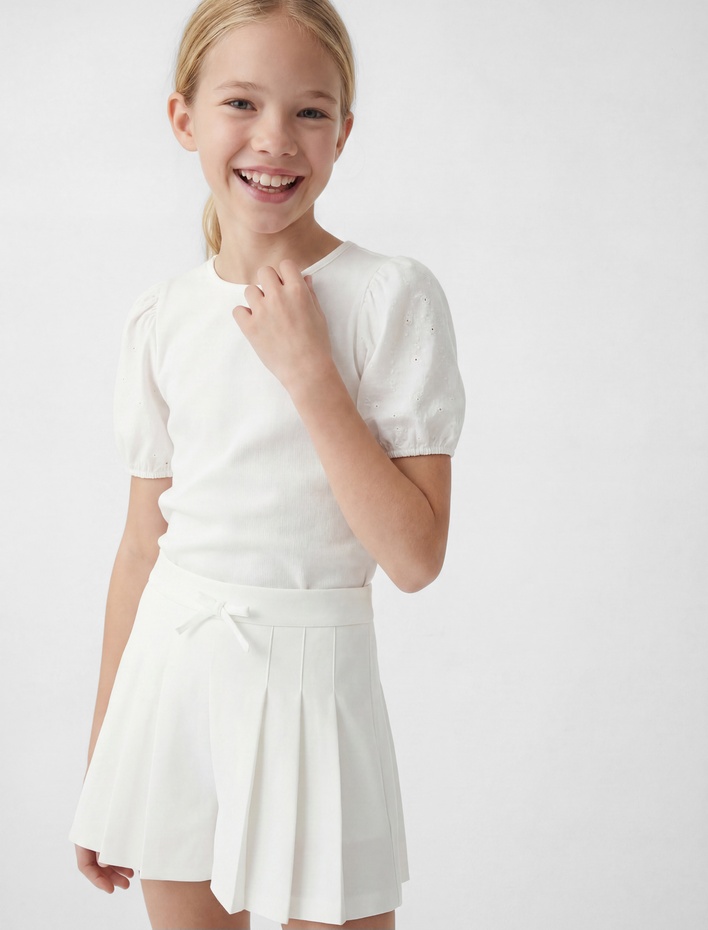 Kız Çocuk Brodeli Rahat Kesim Bisiklet Yaka Balon Kollu Bluz