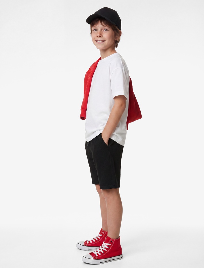 Erkek Çocuk Pamuklu Beli Bağlamalı Dokulu Basic Şort